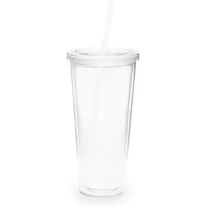 Simple   -  Double Wall  Cups with  and Straws for Cold Drinks, Insulated Plastic Tumblers with  and Straw, 20 oz Capacity, Clear