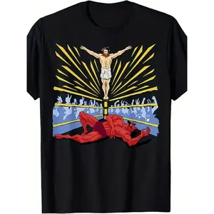 Men’s & women’s Jesus wrestling Satan retro biblical combat spiritual design unisex 100% cotton T-shirt, soft, all-season casual streetwear essential, versatile all-season style — 220 g