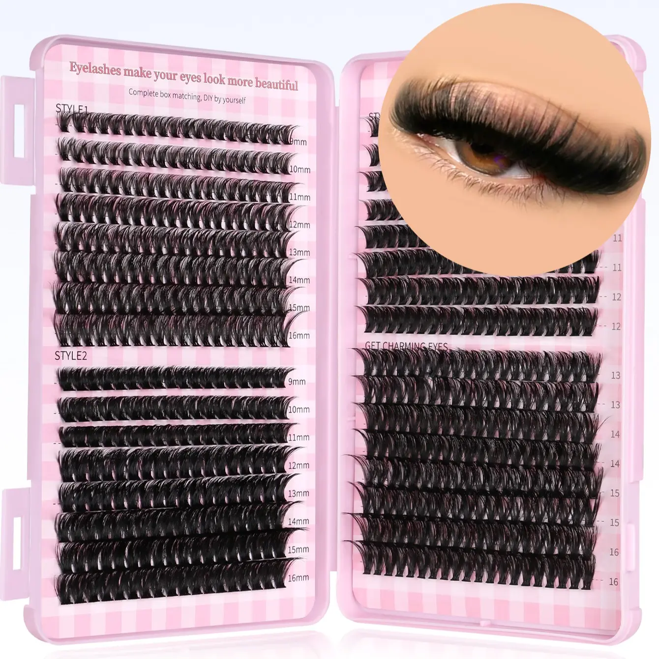 GROINNEYA 32 Rows Large Capacity 5D DIY Eyelash Clusters 9-16mm, Fluffy Soft Natural Cross Volume, Curl Long with Thin Band, at Home Eyelash Extension, Volumized False Eyelashes
