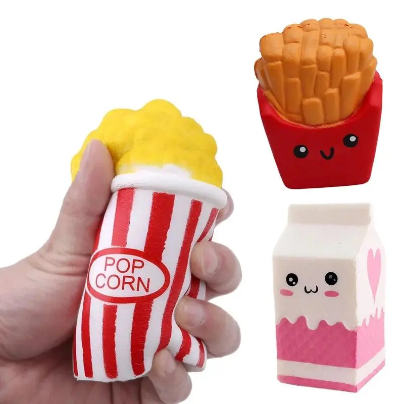 Kawaii Popcorn Squeeze Squishy Stress Relief Toys, Slow-Rising Soft Kawaii Food Toys (Fries, Chips, Milk Box), Birthday Party Gag Joke Props