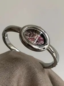 Women's Elegant Oval Quartz Watch, Silver Color Band, Mineral Glass Dial, Buckle Closure, Analog Display, Perfect Gift for Girlfriend