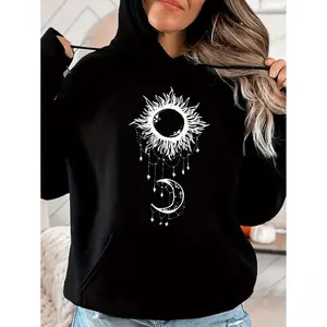 Women's Casual Sun and Moon Graphic Hoodie - Black Polyester Pullover with Dripping Design, Long Sleeves, Drawstring Hood & Kangaroo Pocket for Spring/Fall Hoodie