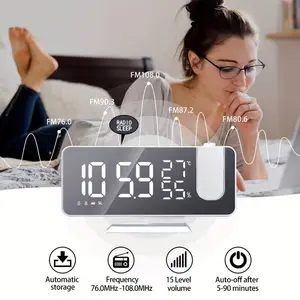Smart Digital Alarm Clock with Fm Radio, LED Display, Projection Function, Temperature Humidity Monitor, USB Powered, Plastic Rectangle Table Clock, Digital Clock Decor