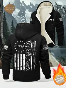 Men's Winter High-Quality Fleece Lined Loose Casual Long Sleeve Hoodie Jacket, Fashion Gun Flag Print, Zipper Pocket Design, Soft Comfortable Warm Inner Layer