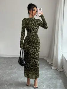 Women's Elegant Leopard Print Mesh Ruched Long Sleeve Tight Bodycon Stretch Dress, Womenswear, Stylish Summer Fashion, Perfect for Parties and Casual Wear