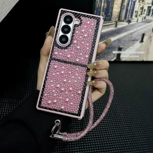 Pearl Water Drop Phone Case for Samsung Foldable Galaxy Zfold7 Zfold6 Zfold5 Z Fold3 4, Luxury Fashion Women's Cover with Bracelet