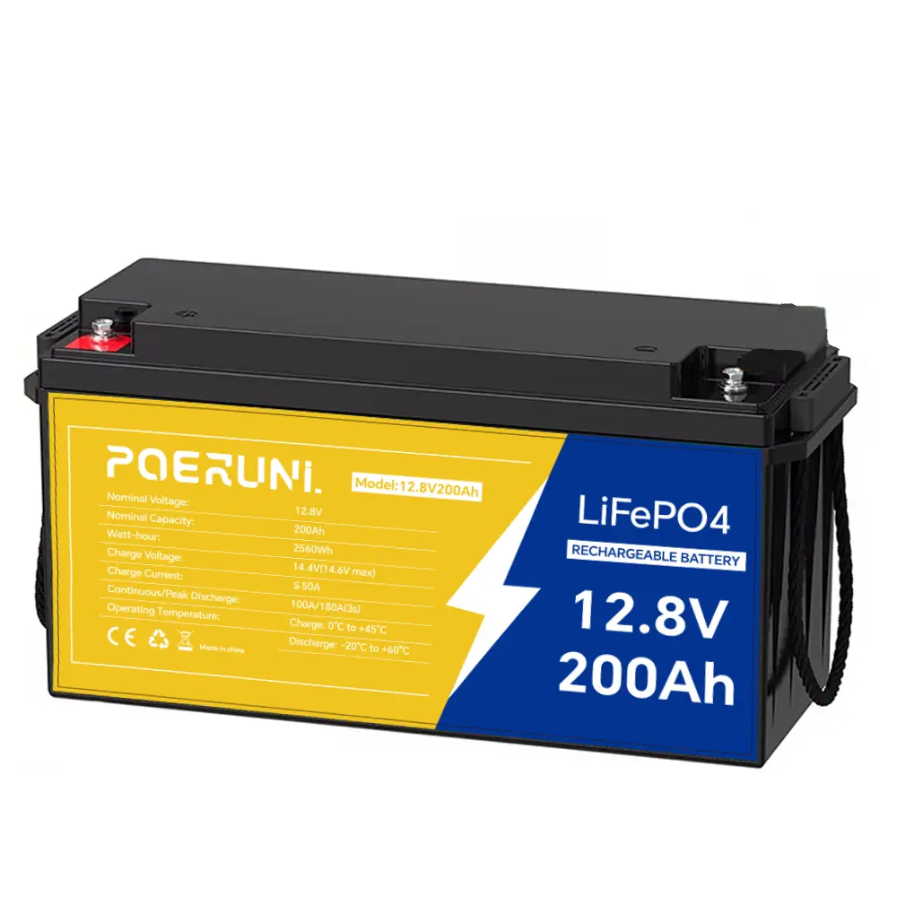 POERUNI LiFePO4 Deep Cycle Lithium Battery 12V 200Ah Built-in 150A BMS Cycle RV