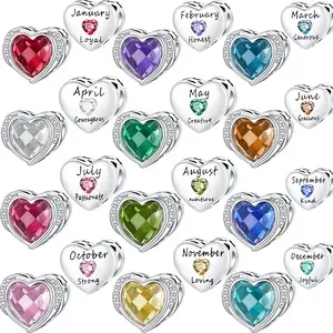 925 Silver-plated Lucky Luxurious Months Heart Birthstone Jewelry Bead, DIY Charm Fits for Necklace Bracelet, Perfect Birthday Gift for Women