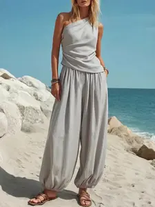 Women's Summer Fashion, Sleeveless Tank Top & High-Waist Long Pants Set, Chic Minimalistic Design, Perfect for Daily Wear