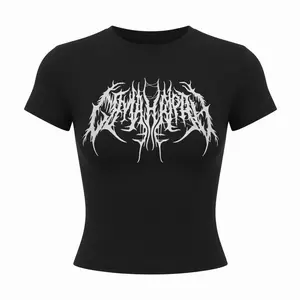 Y2K Gothic Metal Logo Baby Tee, Dark Alternative Graphic Crop Top, Black Emo Aesthetic Fitted Tee, Grunge Streetwear Baby Shirt