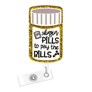 Cute Pill Bottle Design Badge Holder, Acrylic Bling Retractable Name Badge Holder, Identification Badge & Supplies for Nurses, Doctors, Students, Workers and Volunteers, Acrylic Badge Reel