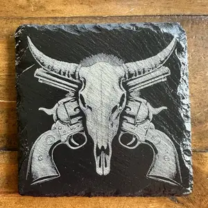 Cowboy Engraved Stone Coasters with Distinctive Bull Skull and Revolvers Design for Rustic Decor