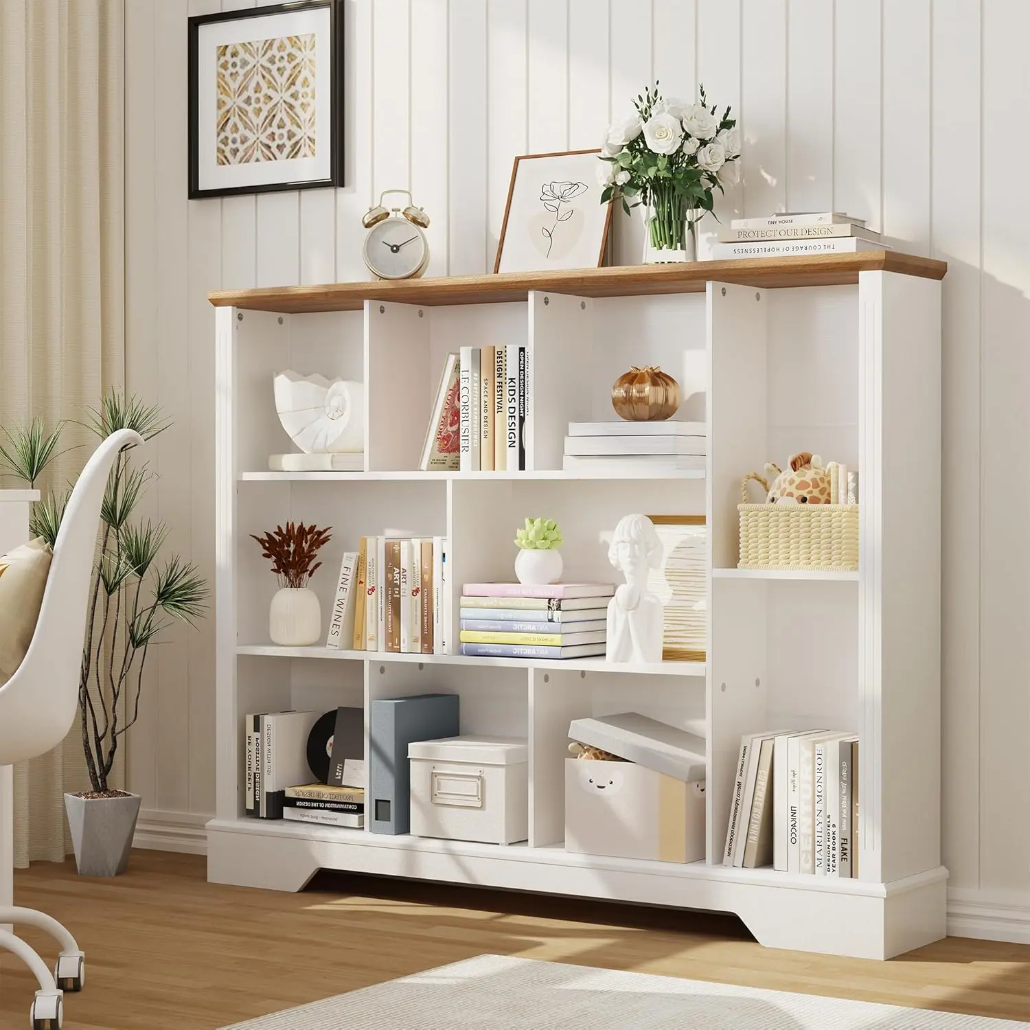 Vividwood 10-Cube Storage Organizer Bookshelf, 4-Tier Wooden Bookcase with Adjustable Shelf, Sturdy Cube Storage Shelf for Small Spaces, Modern Low Profile Shelving Unit for Living Room & Bedroom