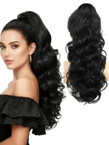 Synthetic Deep Wavy Curly Clip-In Ponytail Wig, Women's Wave Hairpiece, Easy-To-Clip Design, 24-Inch Smooth Natural Waves, Heat Resistant Daily Wear