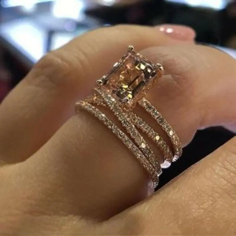 Fashion Multilayer Morganite Ring Rose Gold Color Champagne Crystal Stone Rings for Women Wedding Band Jewelry Mother Days Gifts