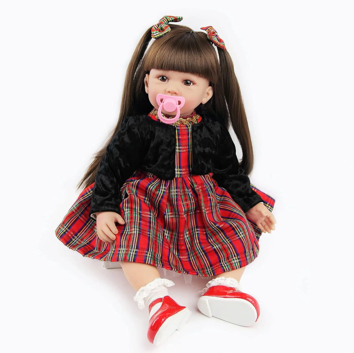 20" Realistic Princess Doll with Brown Hair & ChristmasPlaid Outfit Silicone Baby Doll with Bottle, Pacifier &Birth Certificate, Lifelike Newborn Girl, Perfect forChristmas, Birthday Gifts & Collectors