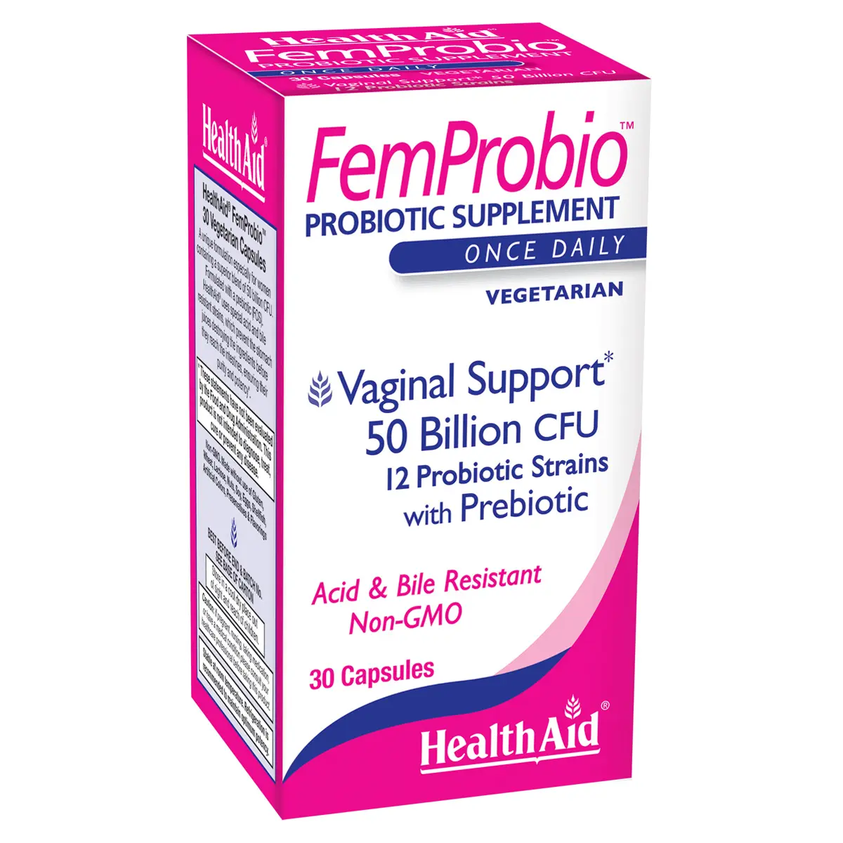 HealthAid FemProbio, 50 Billion with Prebiotic, 30ct, Helps with Vaginal Support, Acid & Bile Resistant, Lactose, Gluten, GMO Free, Vegetarian