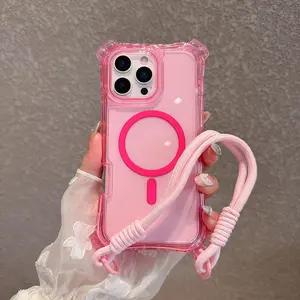 Curved MagSafe Transparent Mobile Phone Case with Four Corners Anti-Fall Hand Strap Design Simple 3 in 1 Shockproof Protection for iPhone17 16 15 14 13 Pro Max Plus MagSafe Customized for Girls
