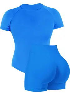 2 piece Workout Sets for Women, Seamless Short Sleeveless T-Shirt Crop Top+ Scrunch Butt Lifting Gym Workout Shorts for Women, Women 2 Piece Workout Sets High Waisted Biker Shorts Sportswear Set