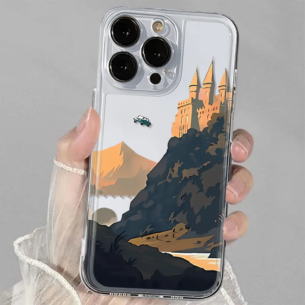 A flying car design above a castle. This drop-proof, non-slip TPU full-coverage phone case is compatible with iPhone 17, 16, 15, 14, 13, 12, 11, XS, X series, and makes a great gift for friends or family.