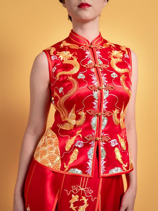 Modern Red Silk Chinese Wedding Dress with Phoenix & Dragon Hand Embroidery