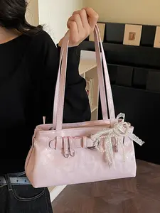 Gentle, sweet and cute style with a light luxury texture under the arm bag, decorated with lace and pearl bow, elegant atmosphere, fashionable and personalized shoulder bag, can accommodate mobile phones and lipstick