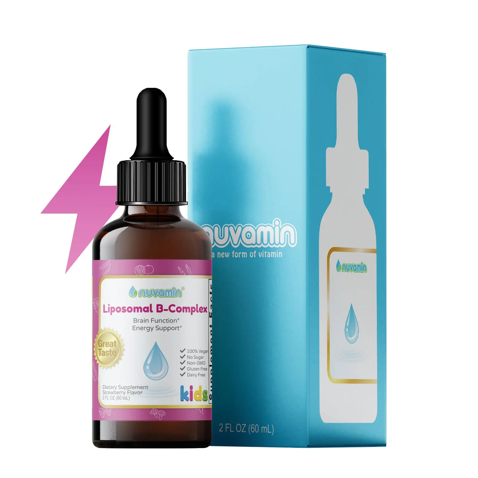 Liquid Liposomal B-Complex Drops for Kids Toddlers & Adults, 2Fl.Oz (60ml), 120 Daily Serving. B1, B2, B3, B5, B6, B7, B9, B12. Great Taste - Natural - High Absorption, Strawberry Flavor