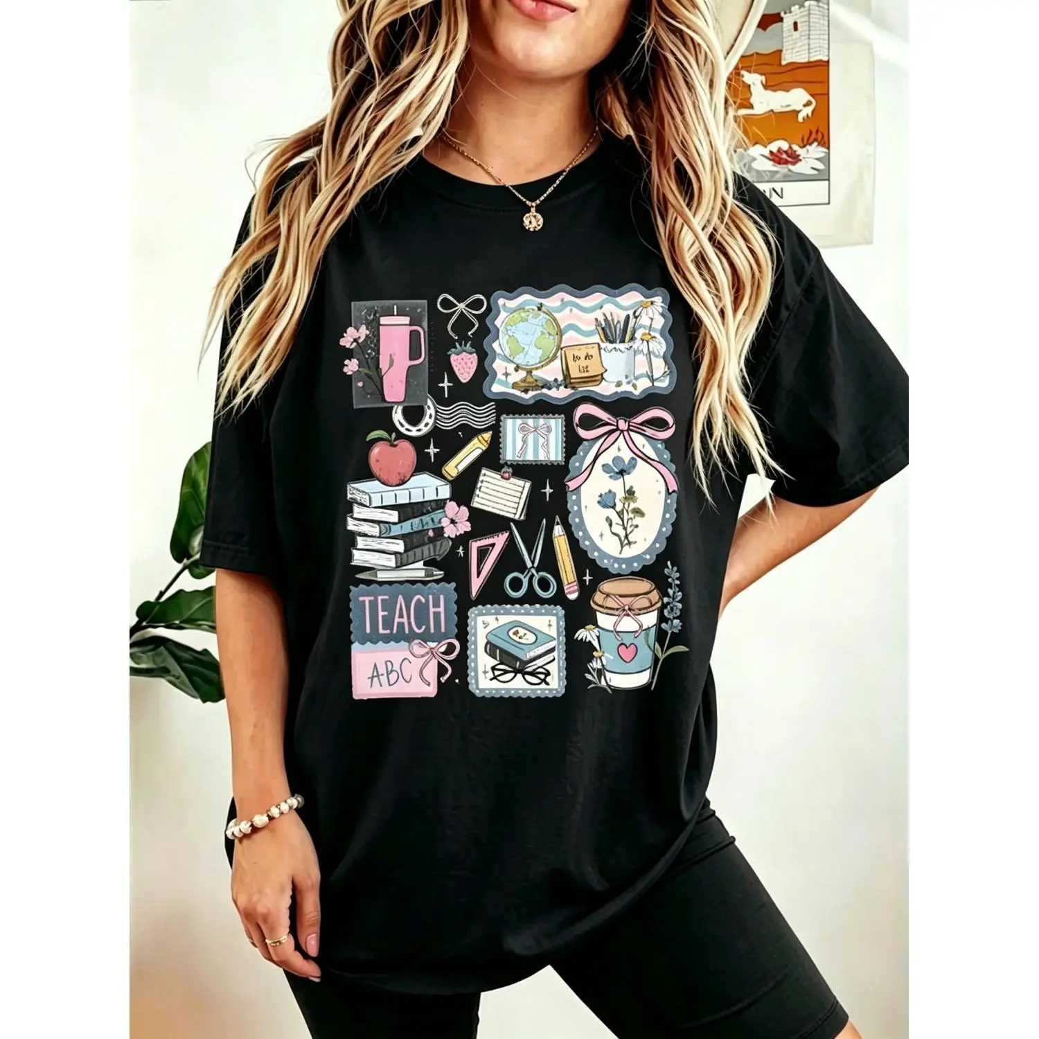 Short Sleeve T Shirt Teacher Life Collage Print Printed Tee for Spring and Summer Cute Campus Pattern Teacher Stamp Scrapbook Gift for Educators