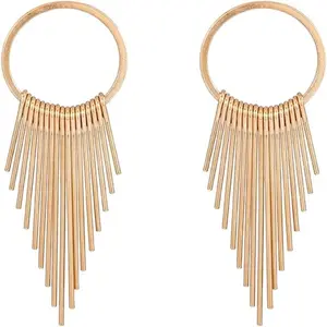 Gold Tassel Earrings for Women Geometric Circle Metal Chain Dangle Drop Earrings Vintage Tassel Statement Jewelry for Wedding Party Gift Brass Fringe Design