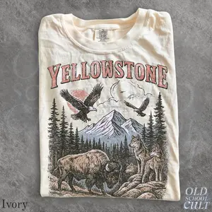 Yellowstone National Park Vintage 90s Stlye T-Shirt, Wildlife Graphic Tee with Bison Wolves Eagles, 90s Hiking Nature Shirt, Comfort Colors®