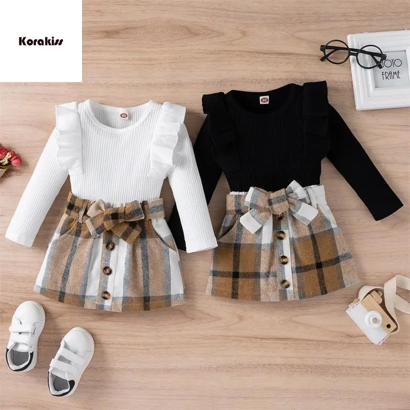 Toddler Kids Girls 2 Pieces Outfit, Long Sleeve Knitted Ribbed Solid Color Tops + Bowknot Buttons Plaid Mini Skirt Set