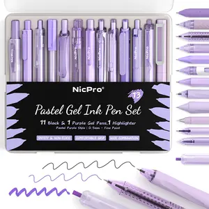 Nicpro 13Pack Pastel Gel Ink Pen Set with Case, Cute Retractable 0.5mm Fine Point Pen, 12 Pink Pens Black Ink with 1 Highlighter, Aesthetic Pens for Student Note Taking,Writing,Office Supplies