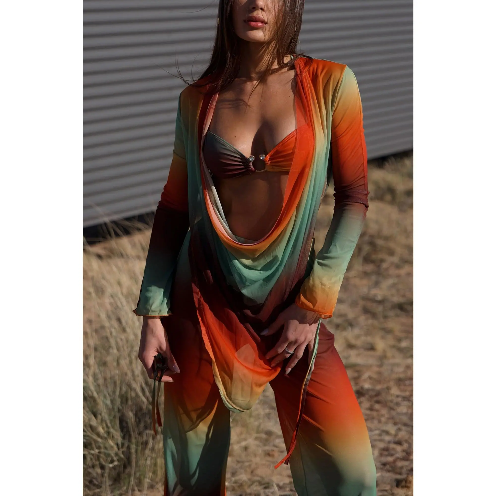 Summer Muse Cowl Neck Mesh Cover Up Pants Set - Multi Color