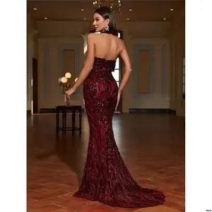 BacklessHalterNeckMermaidHemFloralSequinPromDress
