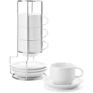 8 Ounce Porcelain Stackable Cappuccino Cups with Saucers and Metal Stand - for Specialty Coffee Drinks, Cappuccino, Latte,  and Tea - Set of 4, White