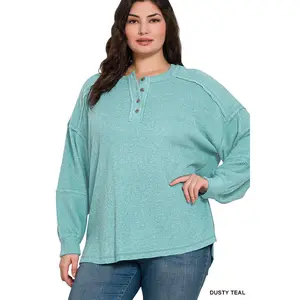 Zenana Women's Plus Ribbed Brushed Hacci Melange Henley Sweater - Dusty Teal
