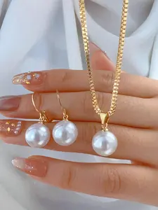 Elegant Faux Pearl Decorated Fashionable Jewelry Set, Including Pendant Necklace & Dangle Earrings, Fashion Jewelry Accessories for Women As Gift