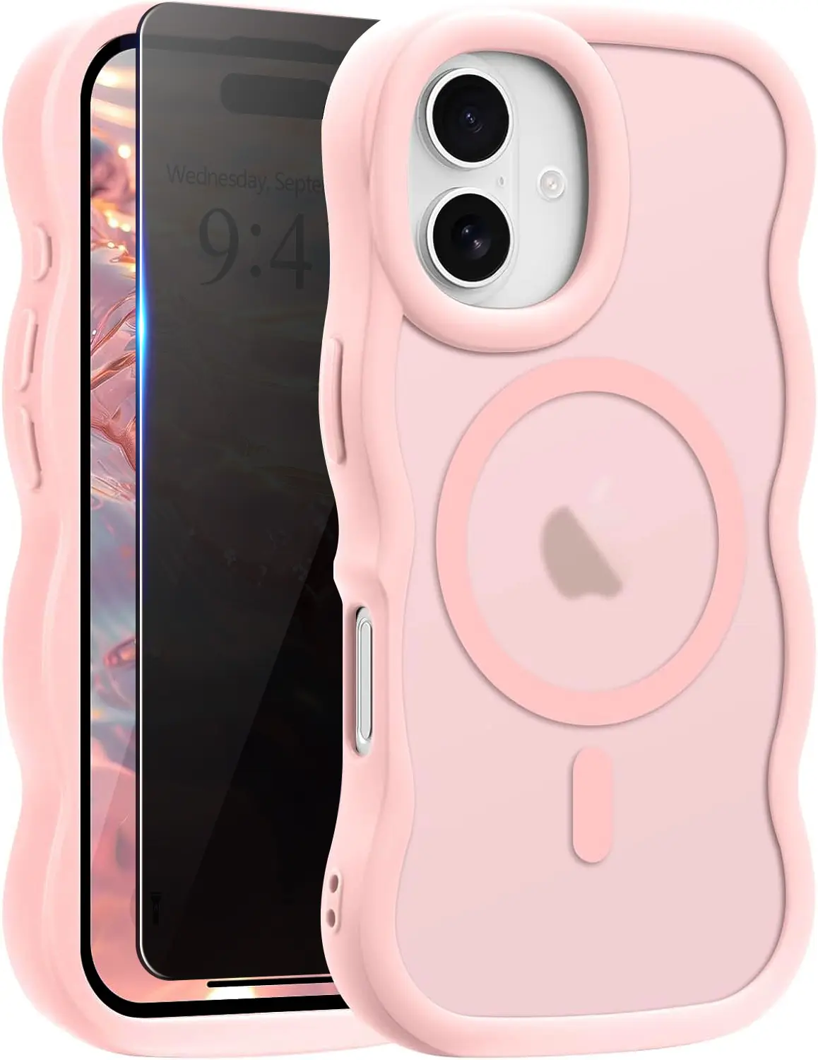 Magnetic for iPhone 17 Case with Privacy Screen Protector, Compatible with Magsafe Wavy Frame Cute Translucent Matte Hard Back Silicone Bumper Shockproof Phone Case for iPhone 17 Women Girls, Pink