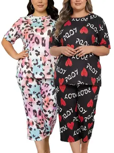 Women's Plus Size 2-Pack Soft Stretchy Loungewear Nightwear Set - Short Sleeve Top, Leopard & Heart Print, Cropped Capri, Lightweight Comfy Flattering Fit for Curvy Women, All Seasons