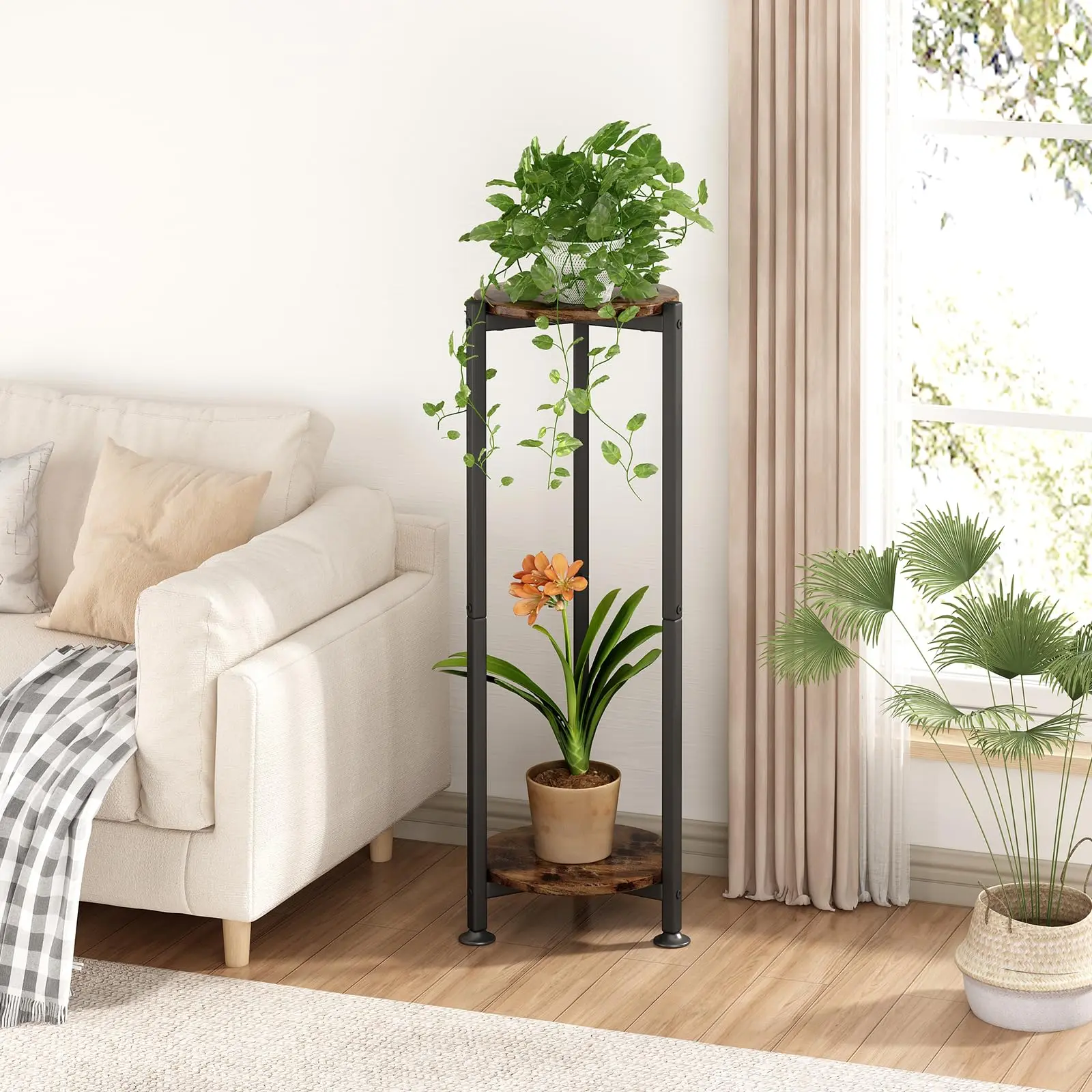 Corner Shape Metal Frame Plant Stand - 3-Tier 32.0 in Tall Vertical Planter Tower with MDF Board, Heavy-Duty Plant Riser Display Holder, Simple Assembly 3-Tier Standing Shelf Stands for Indoor Living Room, Outdoor Patio, Container Gardening
