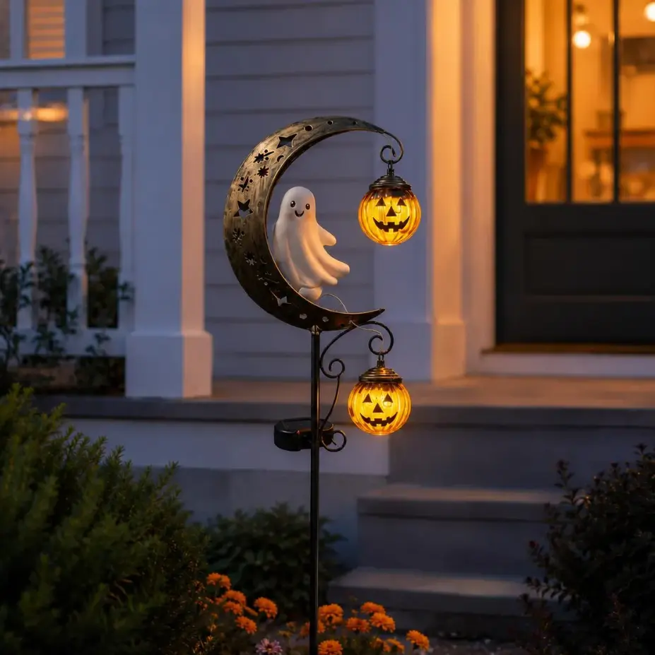 Halloween Solar Garden Stake Light with Cute Ghost and Glowing Pumpkins, Moon and Star Metal Outdoor Decor Waterproof Landscape Lighting for Yard Patio Decoration Halloween Lovers Solar Ghost Moon Garden Stake, Outdoor Yard Decor with Pumpkin Lanterns