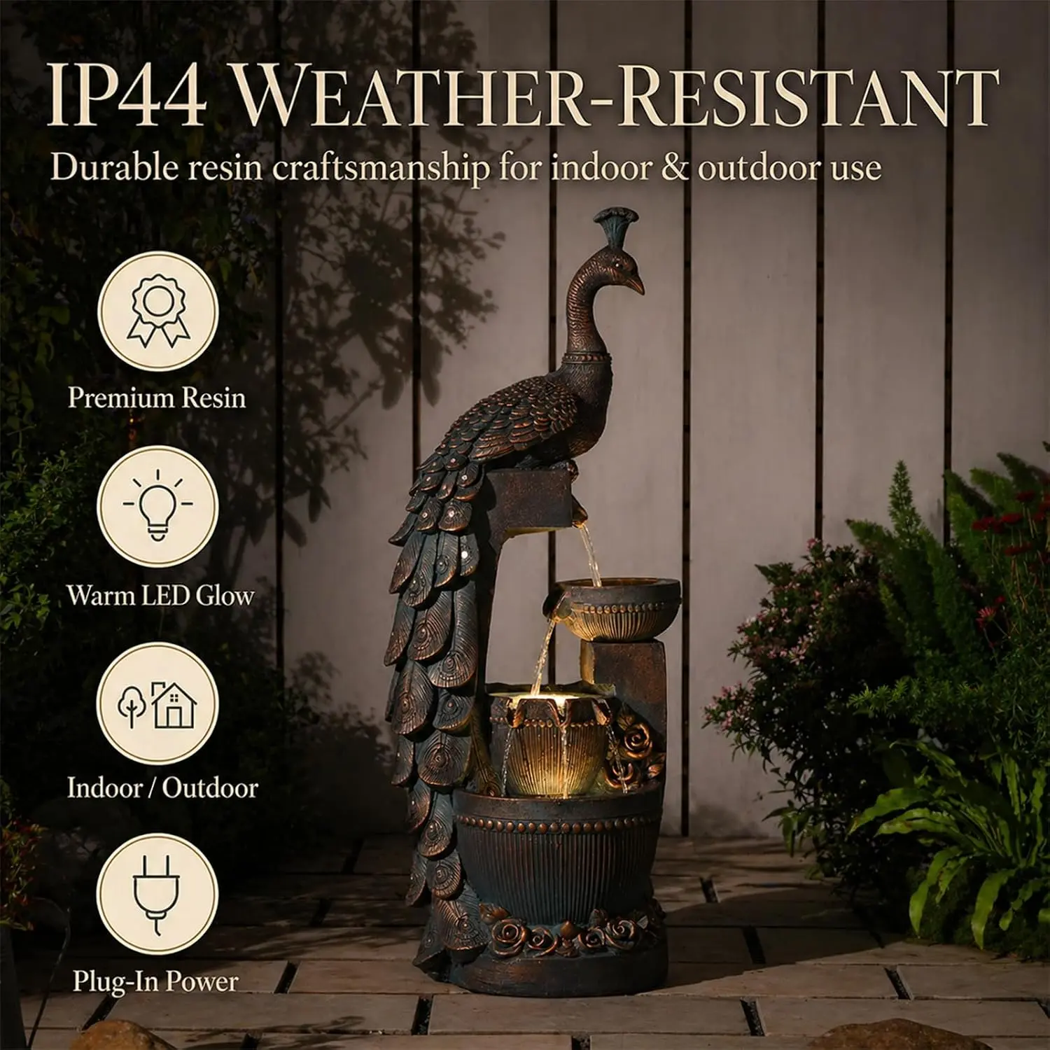 Bumilgar Bronze Outdoor Cascading Peacock Water Fountain - 16"l x 12"w x 41"h, 20lbs, with LED Lights & Pump, Night Glow Tiered Water Feature for Garden, Patio Decor (Fountains & Bird Baths, Garden Statues & Sculptures)