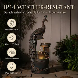 Bumilgar Bronze Outdoor Cascading Peacock Water Fountain - 16"l x 12"w x 41"h, 20lbs, with LED Lights & Pump, Night Glow Tiered Water Feature for Garden, Patio Decor (Fountains & Bird Baths, Garden Statues & Sculptures)