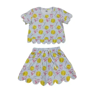 Toddler Girls Outfit Game Day Set Girls Team Print 2 Piece Outfit, Scalloped Edge Short Sleeve Top + Drawstring Shorts Set, Toddler Kids Summer Casual Loungewear, Multiple Team Options