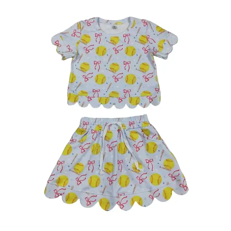 Toddler Girls Outfit Game Day Set Girls Team Print 2 Piece Outfit, Scalloped Edge Short Sleeve Top + Drawstring Shorts Set, Toddler Kids Summer Casual Loungewear, Multiple Team Options