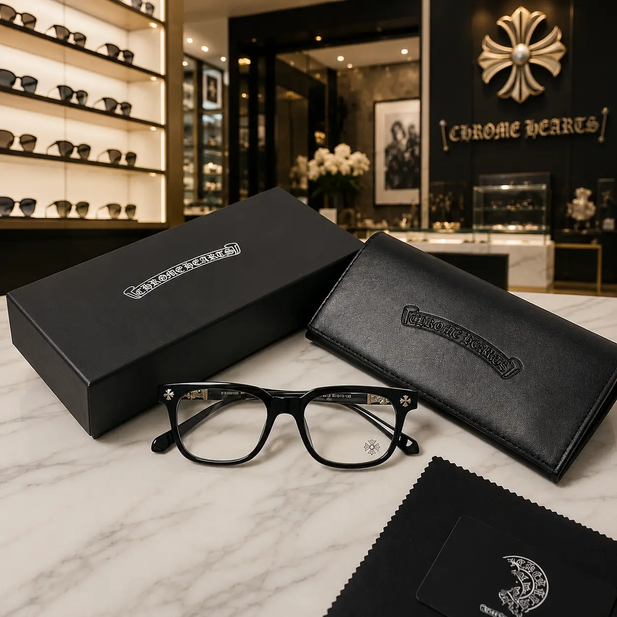 Ultra-Luxury Chrome Hearts Square Eyeglass Frames for Men & Women, Bold Black & Clear Cross Detail Optical Glasses, High-End Unisex Designer Eyewear with Premium Leather Case