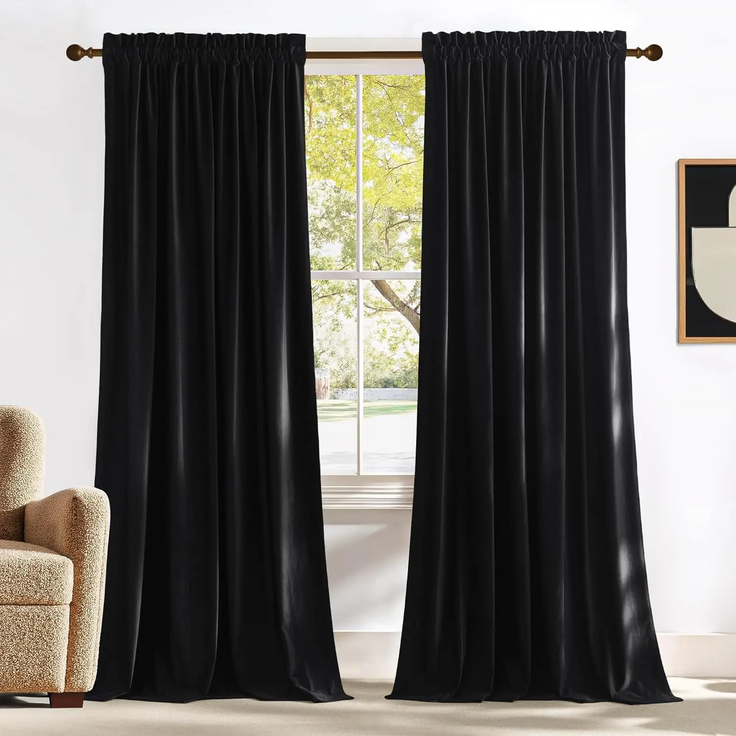 Black Velvet Blackout Curtains 96 inch Long for Living Room and Bedroom, (2 Pieces, 52 W)
