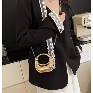 Glossy Mini Crescent Moon Handbag, Y2K Aesthetic Half Moon Top Handle Purse, Cute Metallic Ring Crossbody Shoulder Bag, Trendy Evening Party Mini Clutch Bag for Women Daily Wear