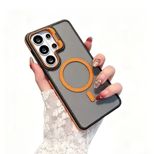 Luxury Magnetic Shockproof Phone Case for Samsung S26 Ultra, S25, S25 Plus, S24, S24 Plus, S23, S22 Ultra with Anti-Fall Folding Stand, Camera Protector, Shot Protection (Orange, Black)