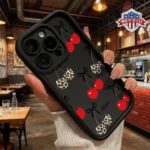 Stylish Leopard Print Cherry Bow Phone Case for iPhone Samsung 17 16 15 14 Pro Max 13 12 11 XR XS Plus Air Galaxy S25 S24 S23 S22 A56 A55 A54 A53 A52 Shockproof anti-drop Scratch Durable Impact Resistant Soft TPU fashion Cover gift for boy girl